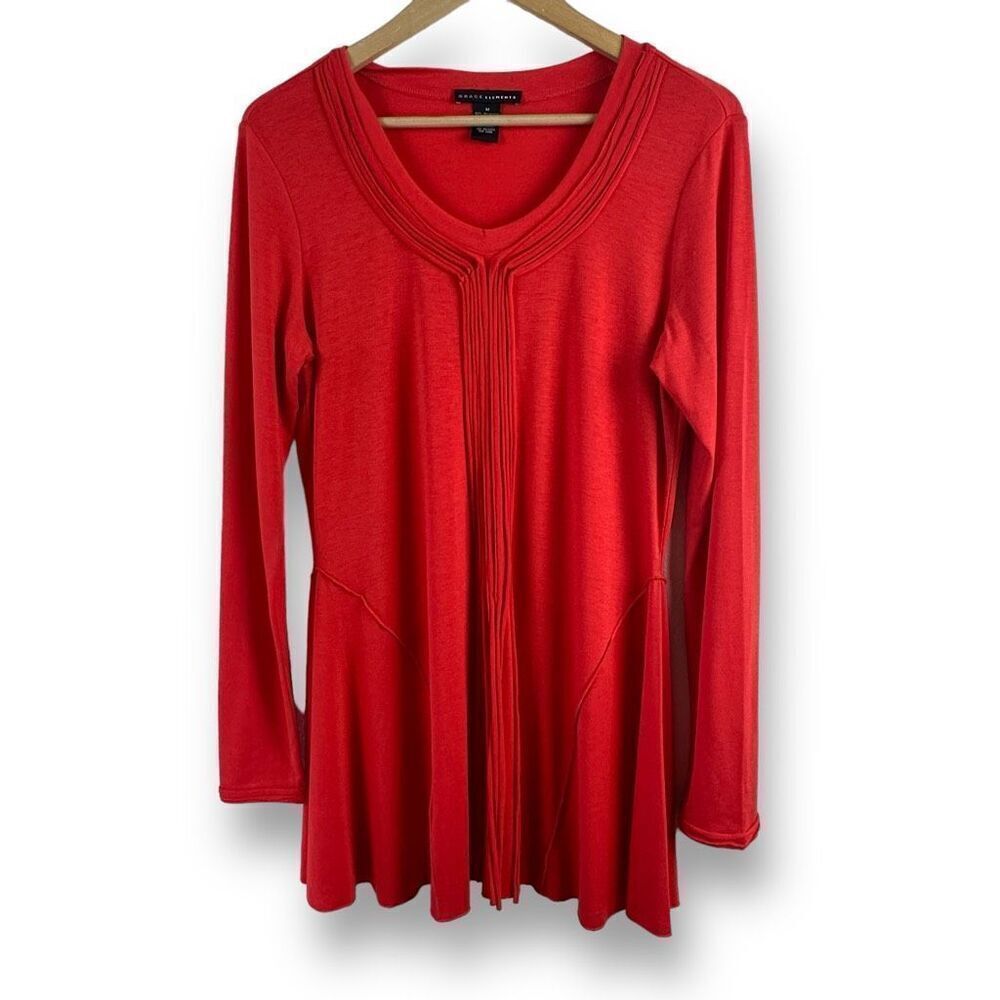 Grace Elements Women's M Long‎ Sleeve Gathered Pleats Tunic Sweater Red Orange